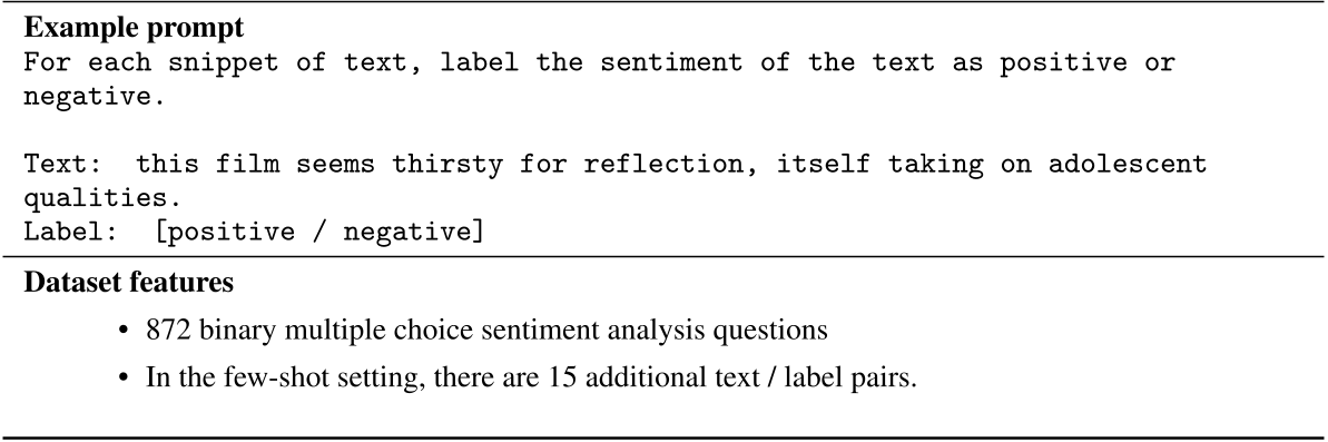 原论文 Figure 23：SST（斯坦福情感树库） 示例提示 For each snippet of text, label the sentiment of the text as positive or negative. Text: thi