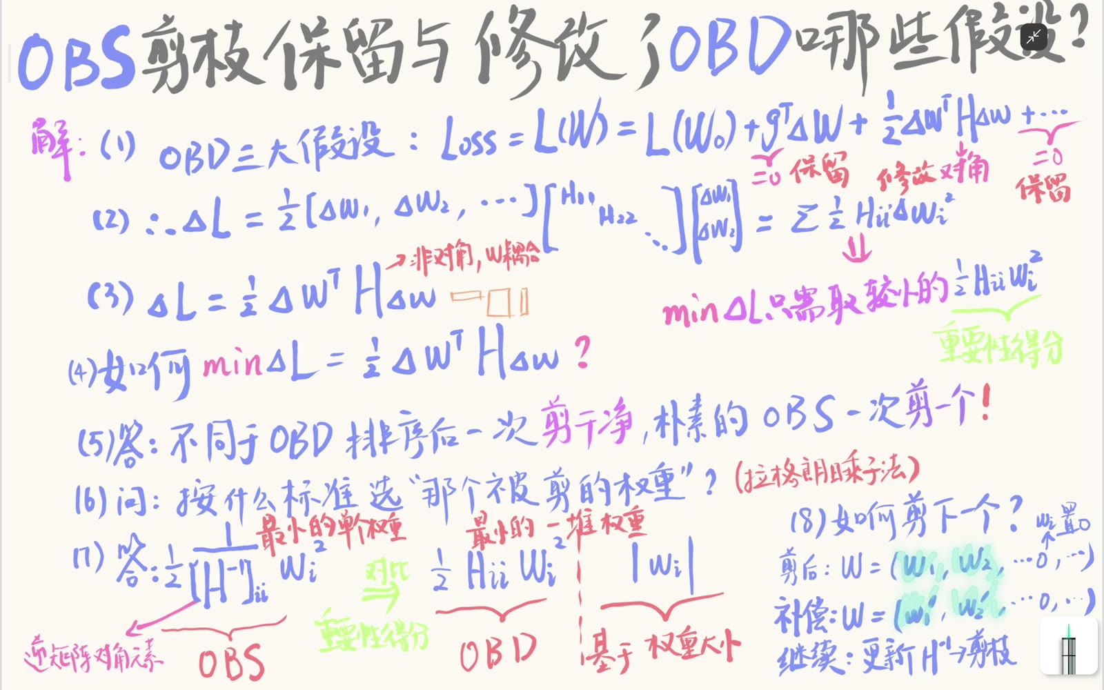 OBS 逐权重剪枝补偿并更新逆 Hessian