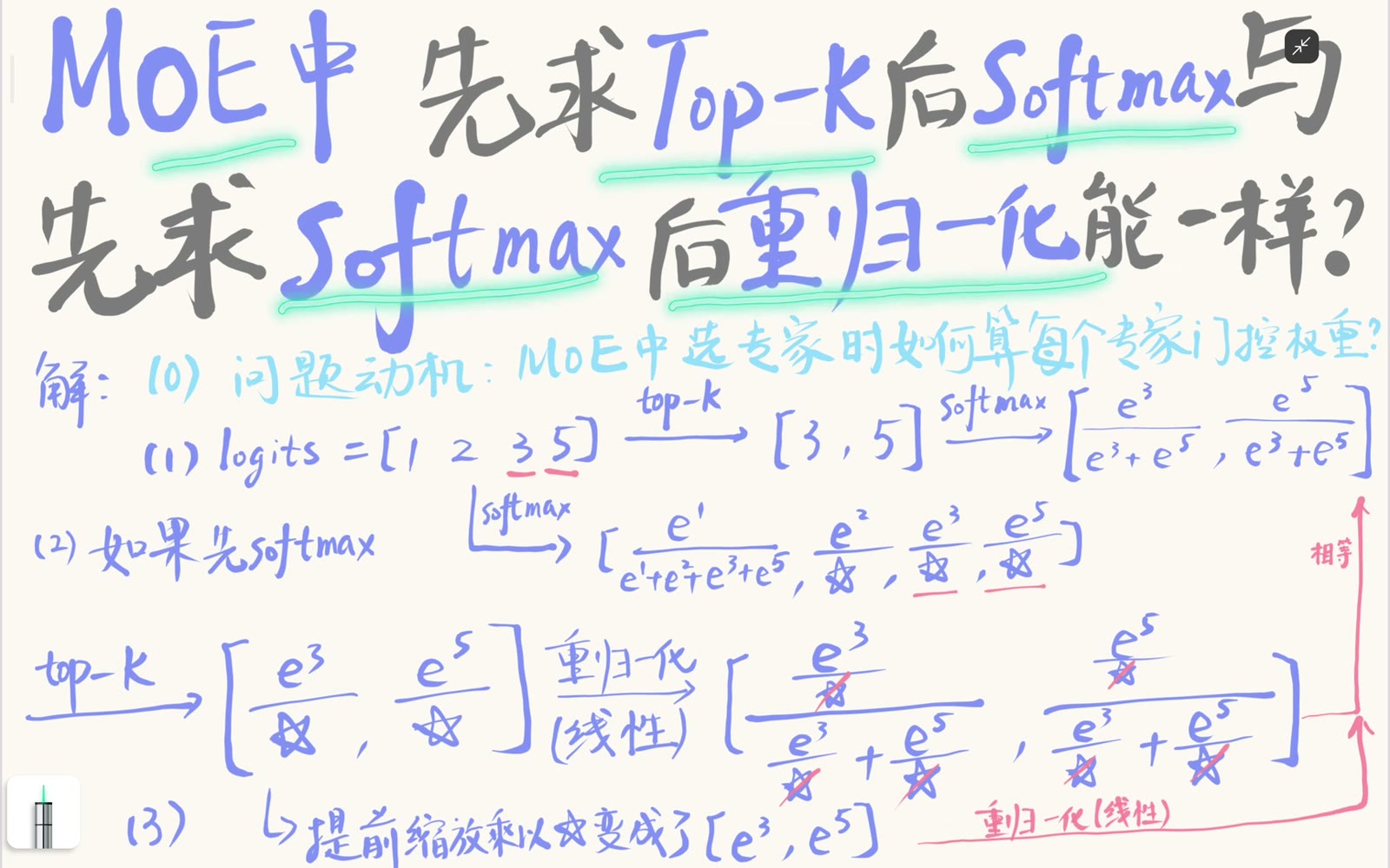 同一组 router logits 的两条 Top-k 与 softmax 计算路径