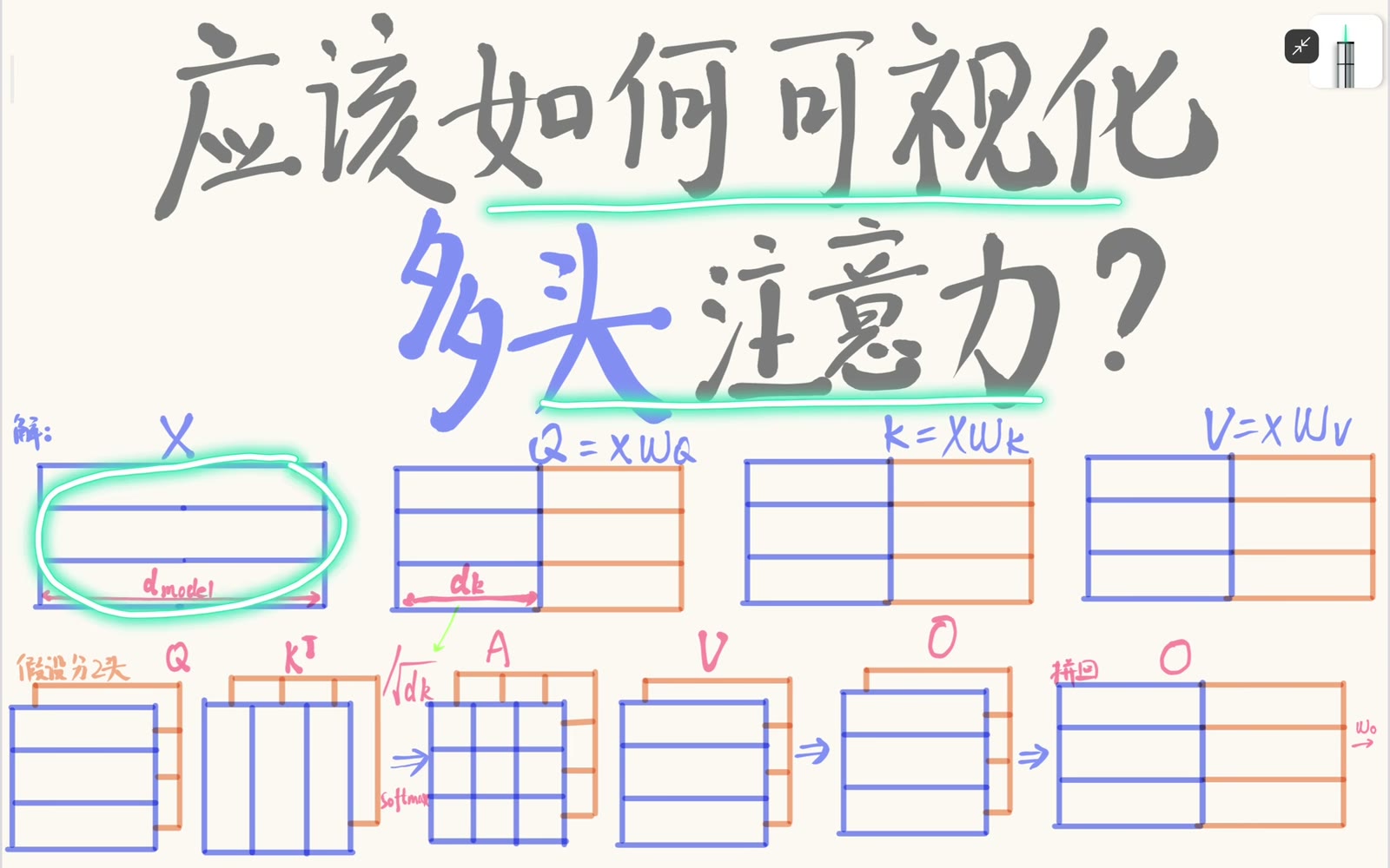 多头注意力从输入到拼头输出的 shape 总览