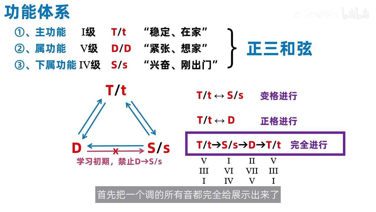 T、S、D 下方逐步展开各自所含音级，合起来覆盖调内七音
