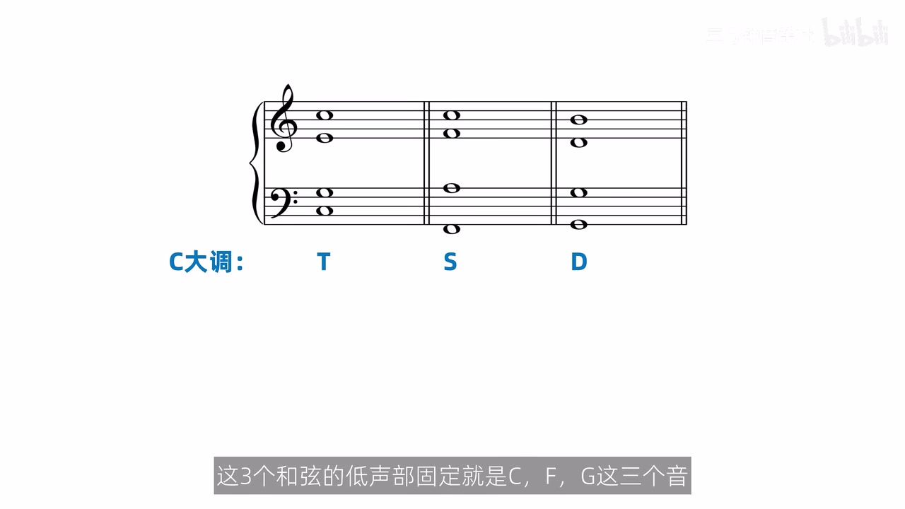 C 大调 T、S、D 三个和弦及固定在低声部的 C、F、G
