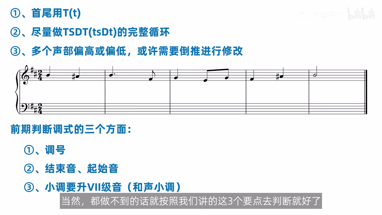b 小调例题的三条判调依据，以及 t、s、D 中需要特别注意的 A♯