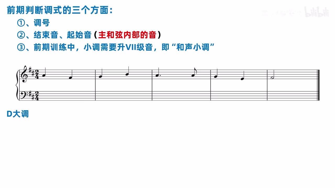 两个升号旋律及调式判断的三条线索，画面标注为 D 大调