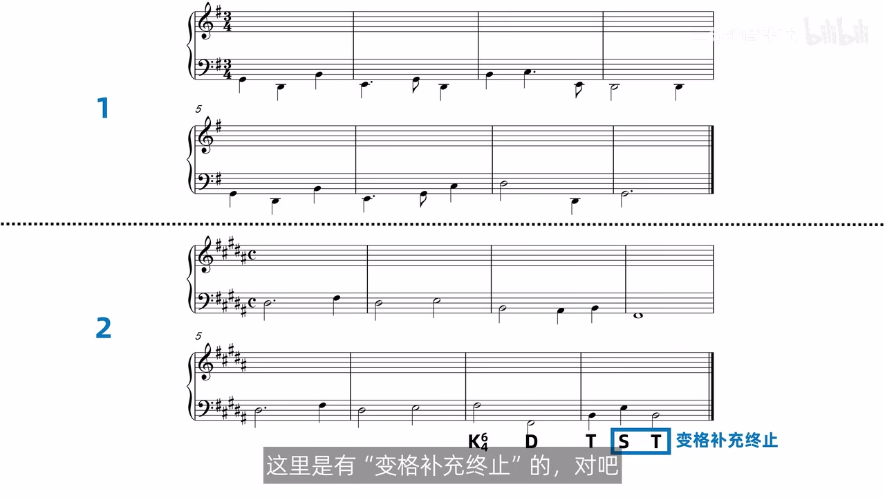 两道给定低音的旋律与四部写作作业，第二题末尾标出 S 到 T