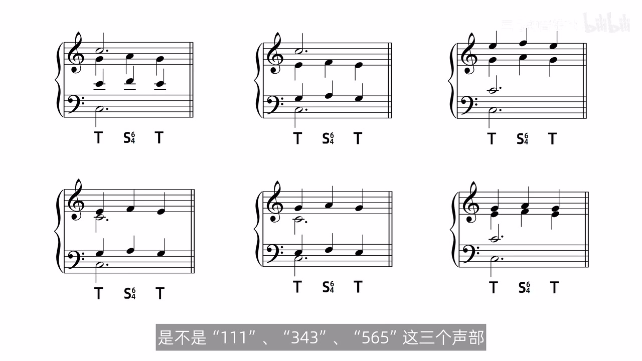 六个T-S四六-T谱例展示565、343、111在上方三声部轮转