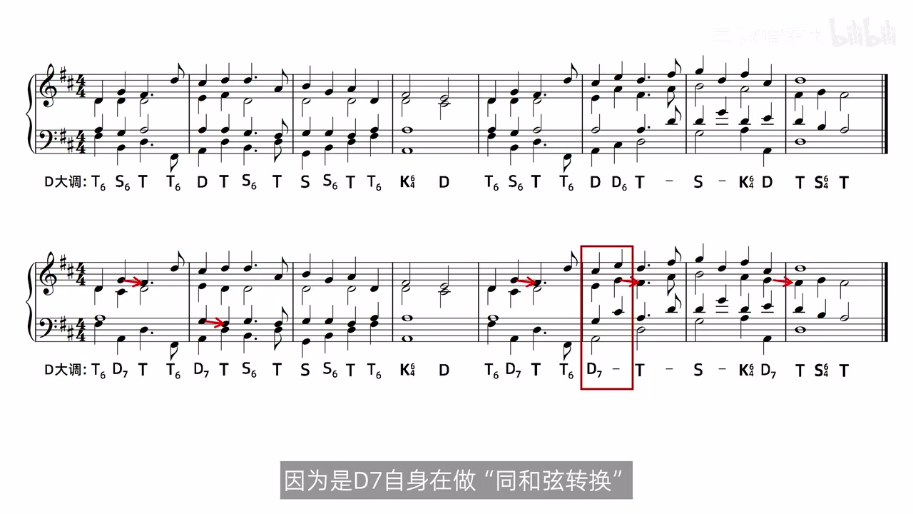 只用三和弦的版本与加入 D7 的版本整段对照