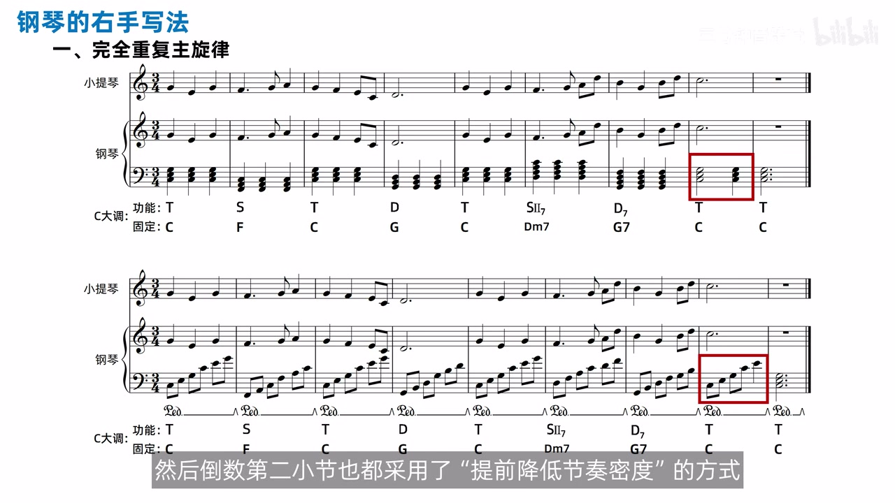 同一三四拍旋律分别配柱式和分解织体，右手均完整重复旋律