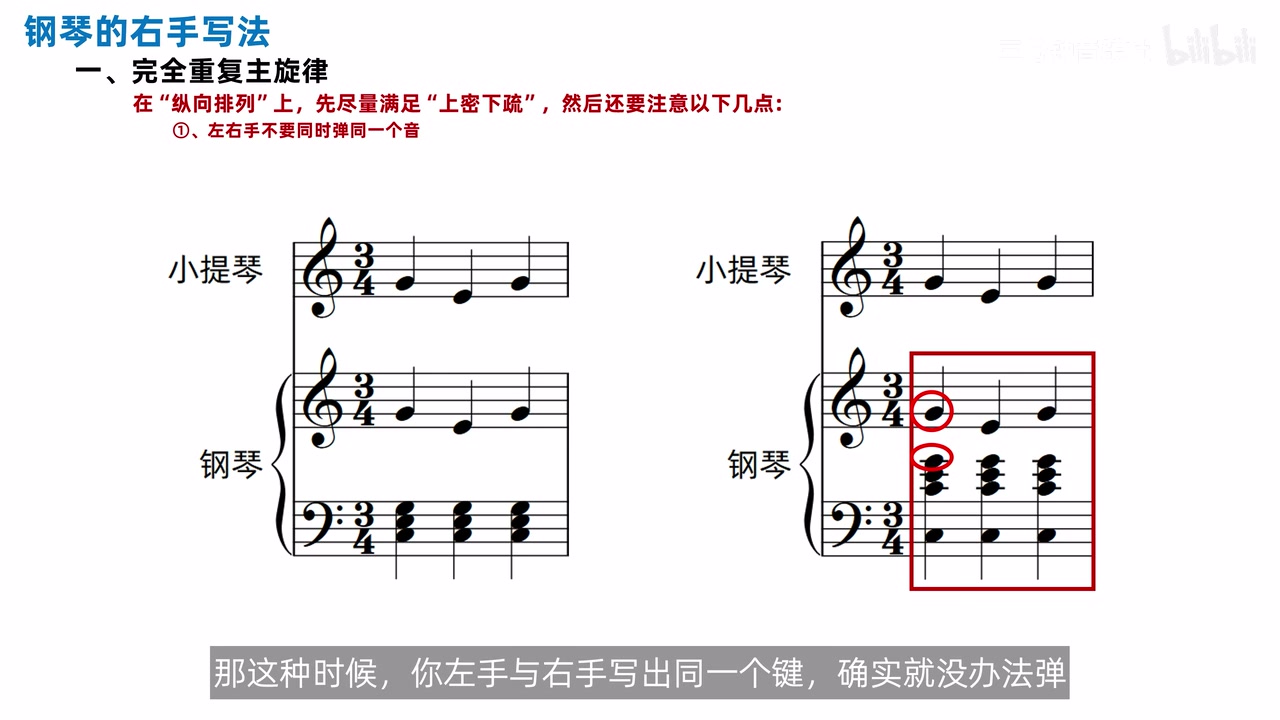 钢琴左右手在同一拍写到相同琴键的冲突示例