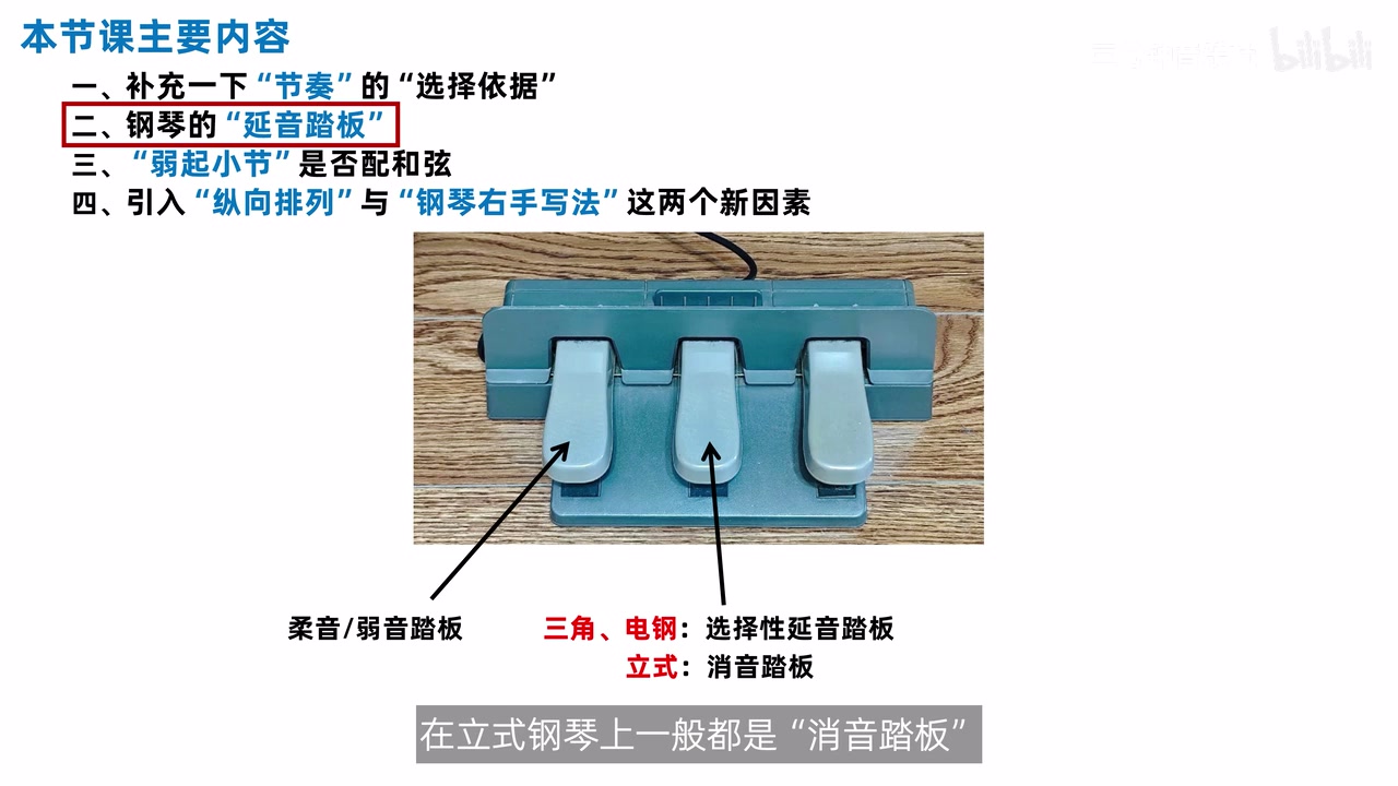 钢琴三枚踏板照片及左右中踏板名称标注
