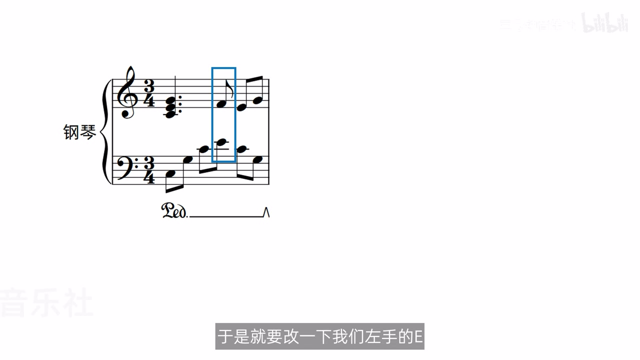 右手旋律与左手分解音形成小二度，蓝框标出待修改位置