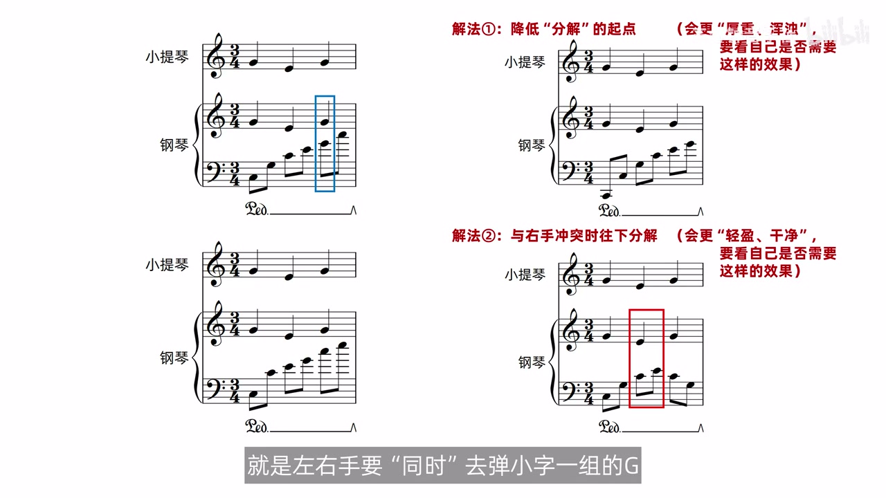 同时按同键与先后复用同键的两个谱例对照