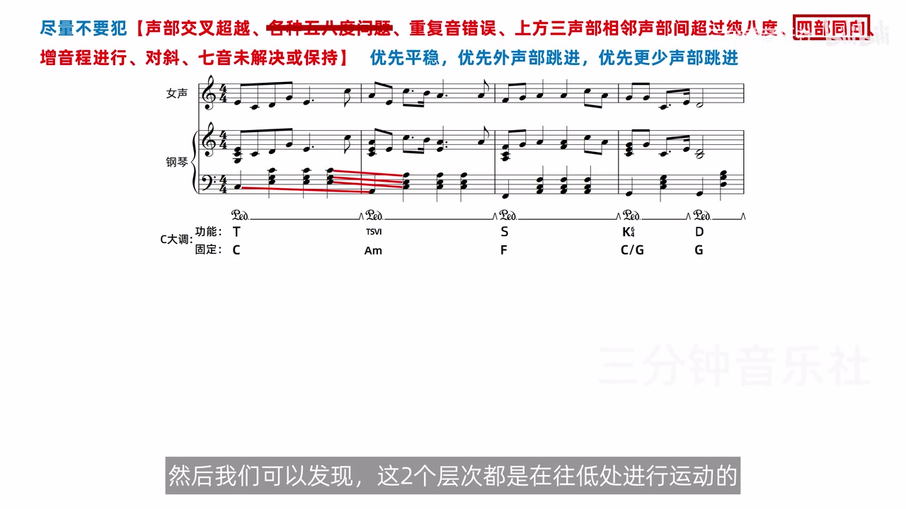 柱式伴奏两个宏观层次同时下行，红线标出一致方向