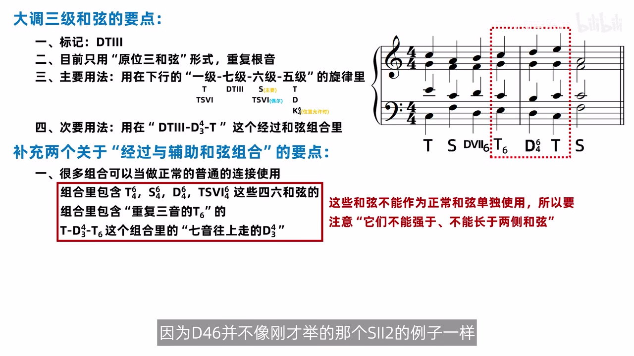 不能独立使用的和弦清单与T6-D64-T反例同时出现，红字标出不能强于长于两侧