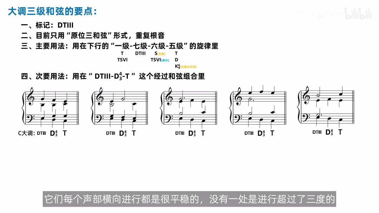 五种DTIII-D43-T四部配置并列，低音均为Mi-Re-Do且上方三声部轮转