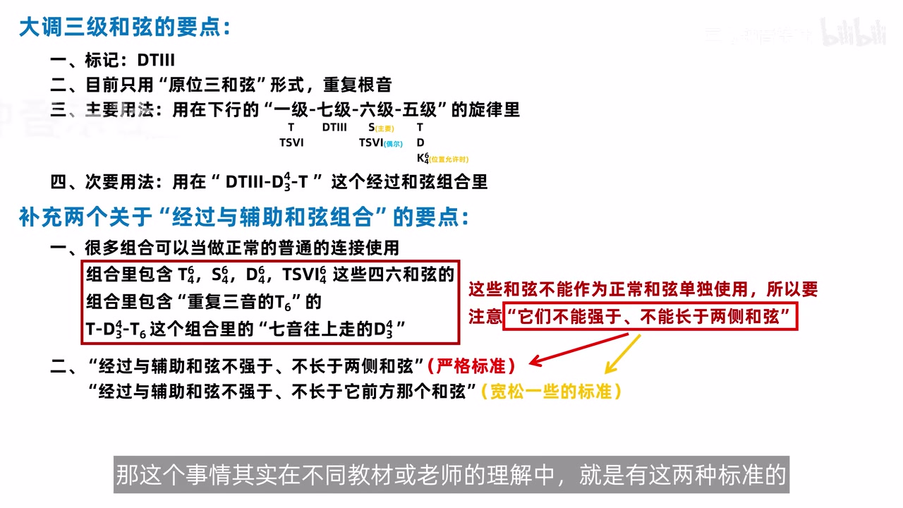课件同时列出经过辅助和弦的严格标准与较宽松标准