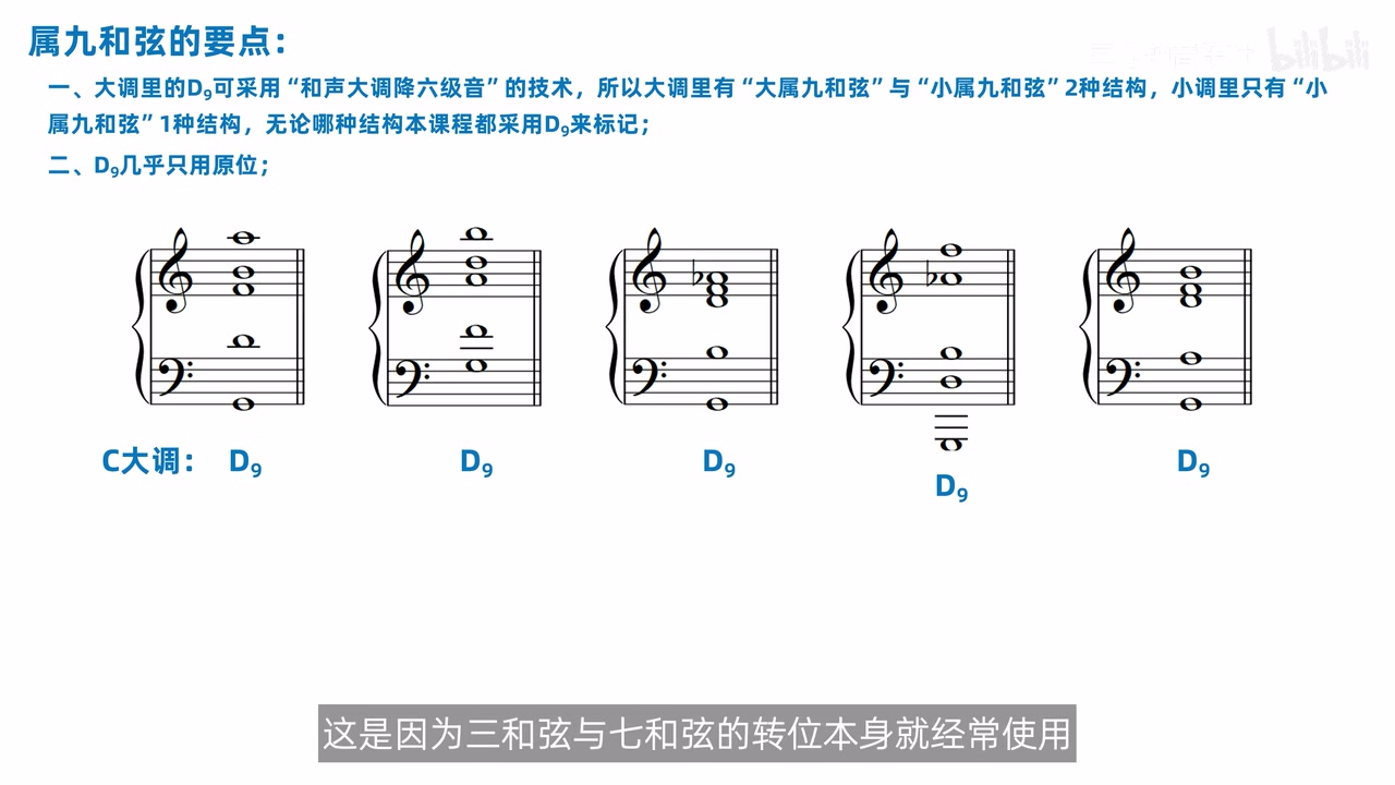五种上方排列都以属音根音作低音的原位属九