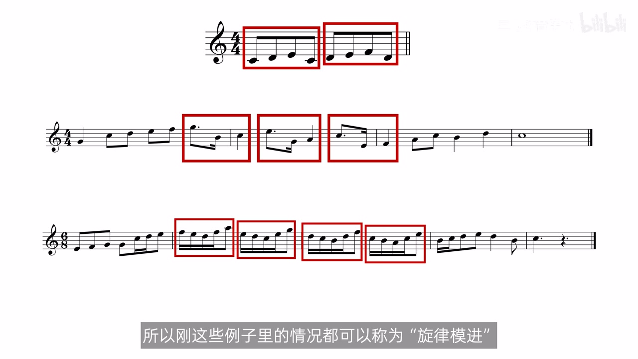 三条旋律中的不同长度模进音组