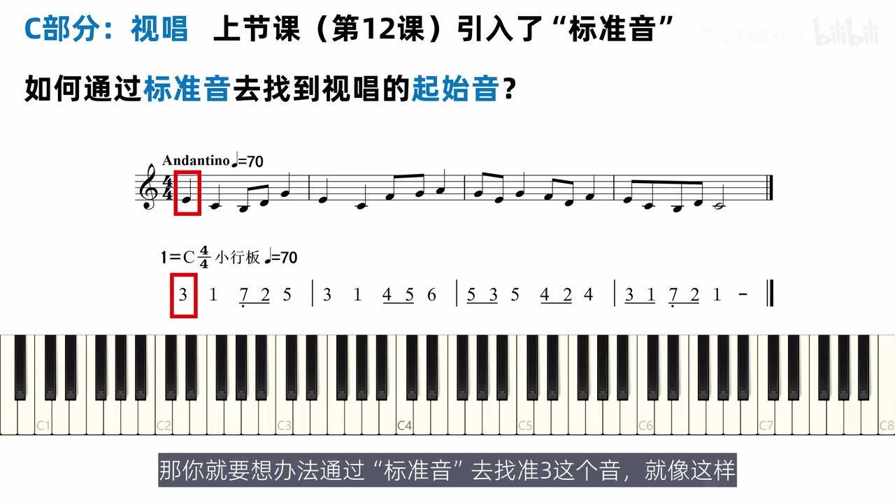 标准音与视唱首音之间需要主动定位的谱面和键盘示意