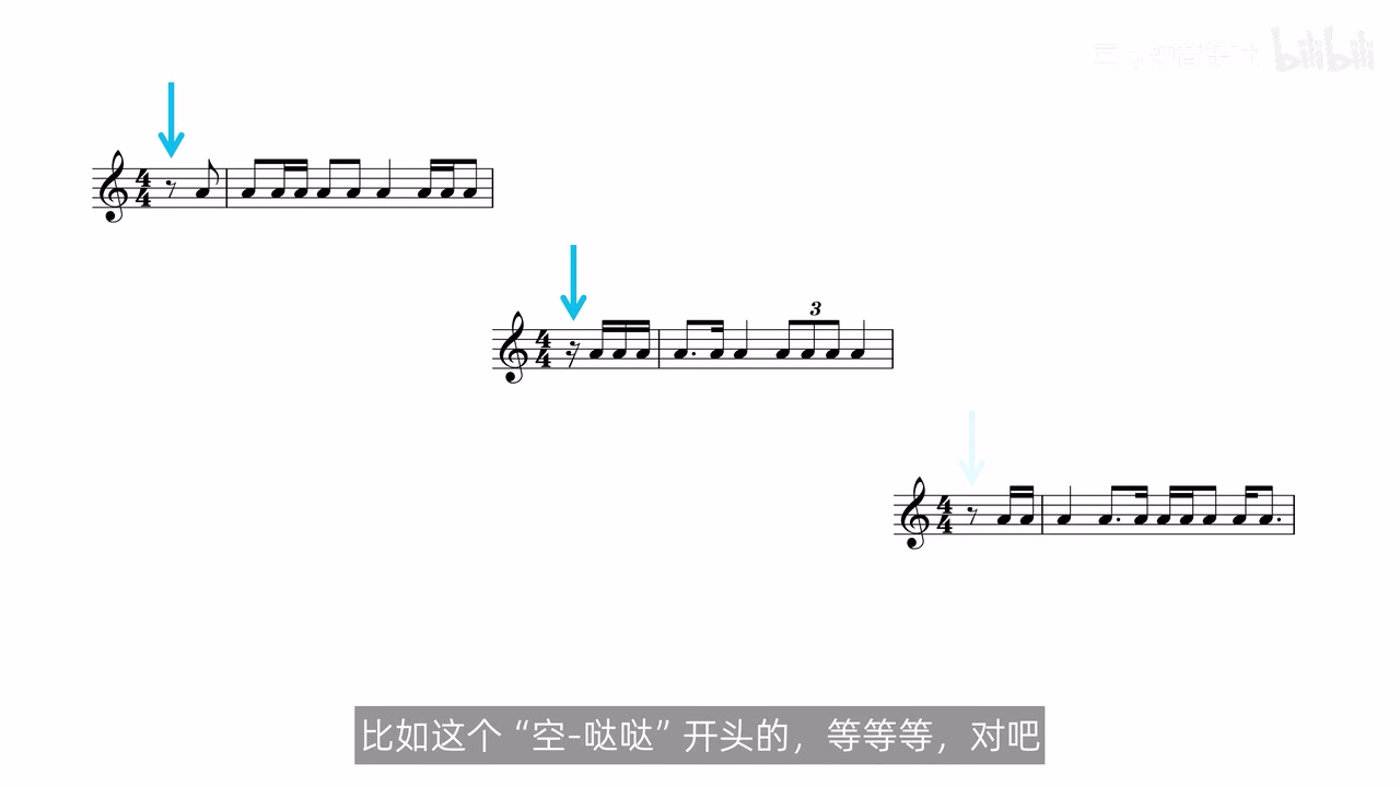 从不同长度休止进入的弱起节奏示例