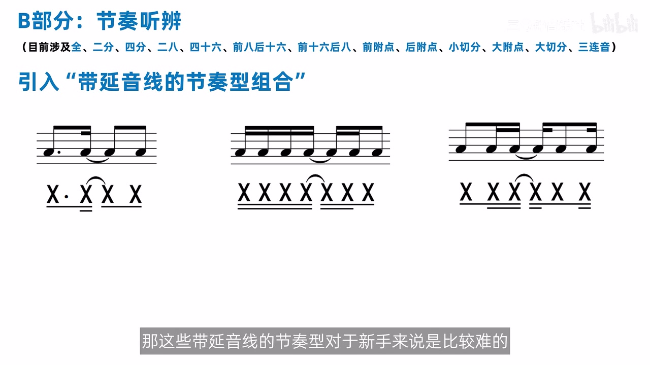 三组由延音线连接的常见节奏型组合
